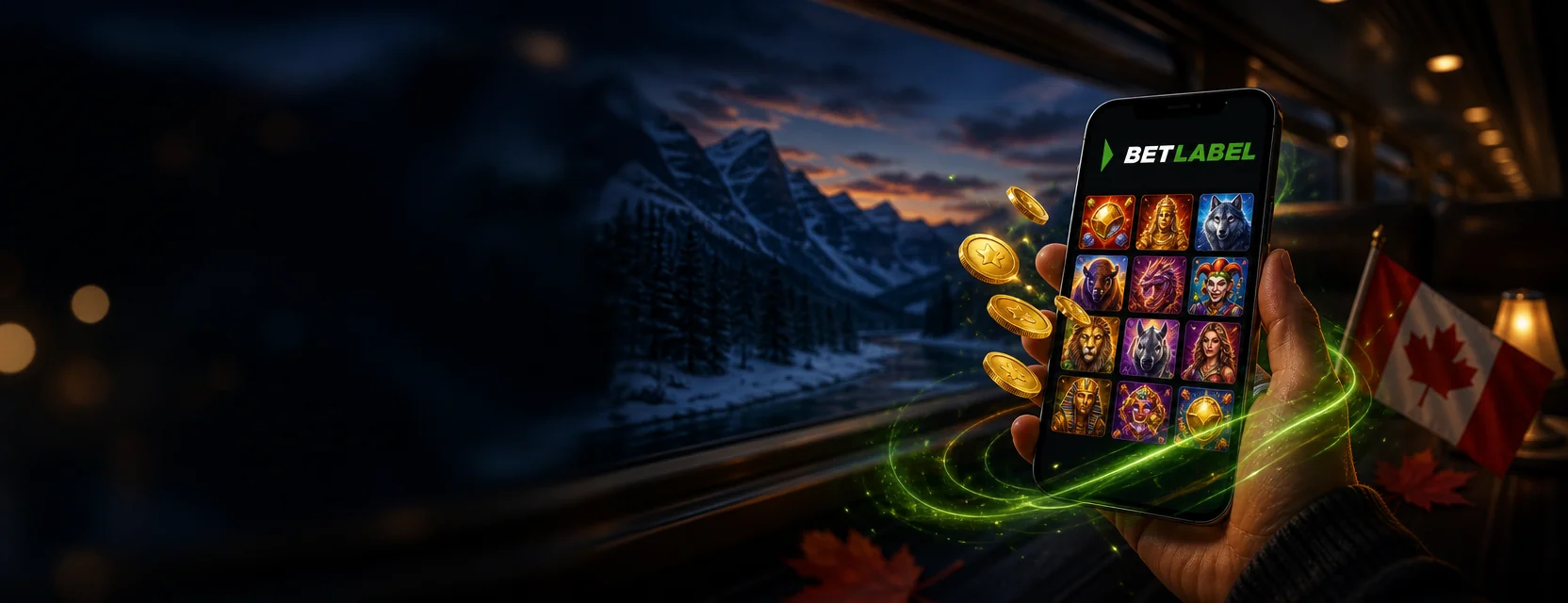 Hand holding a phone with the BetLabel casino lobby inside a train crossing the snowy Rocky Mountains at dusk