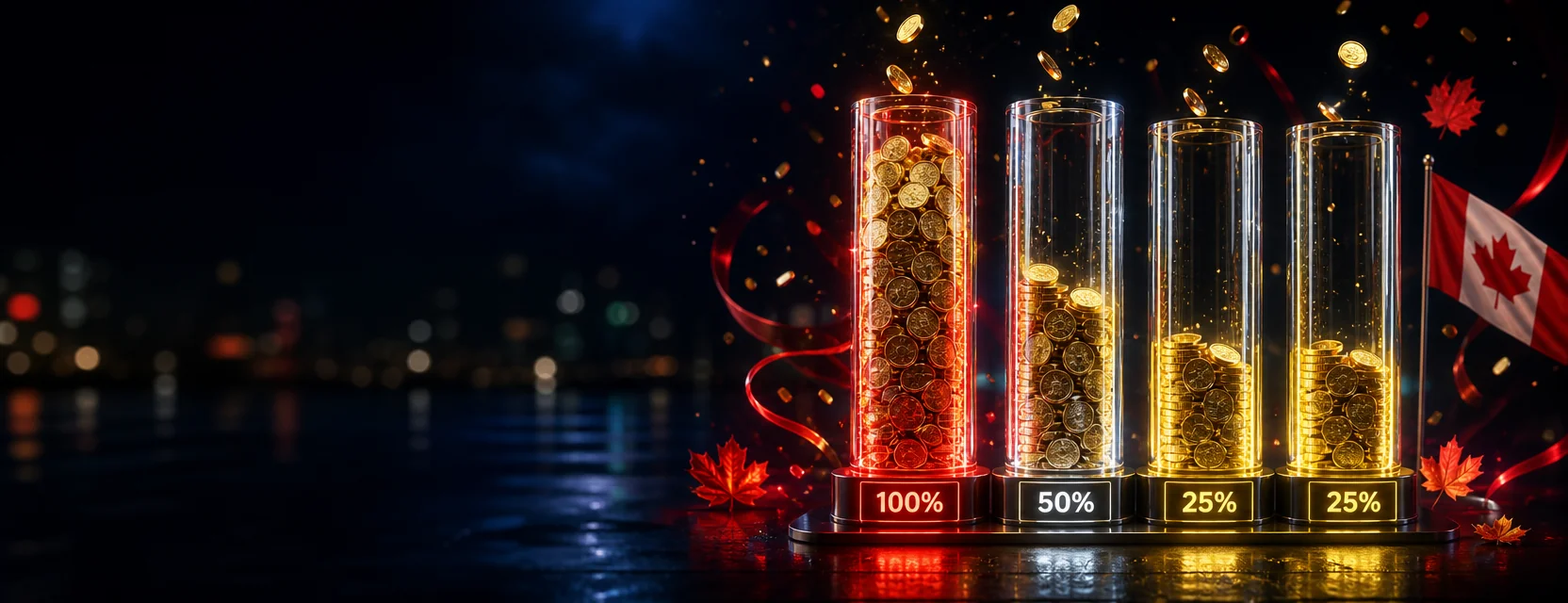 Four glass columns filled with gold coins at different heights, labelled 100%, 50%, 25% and 25%