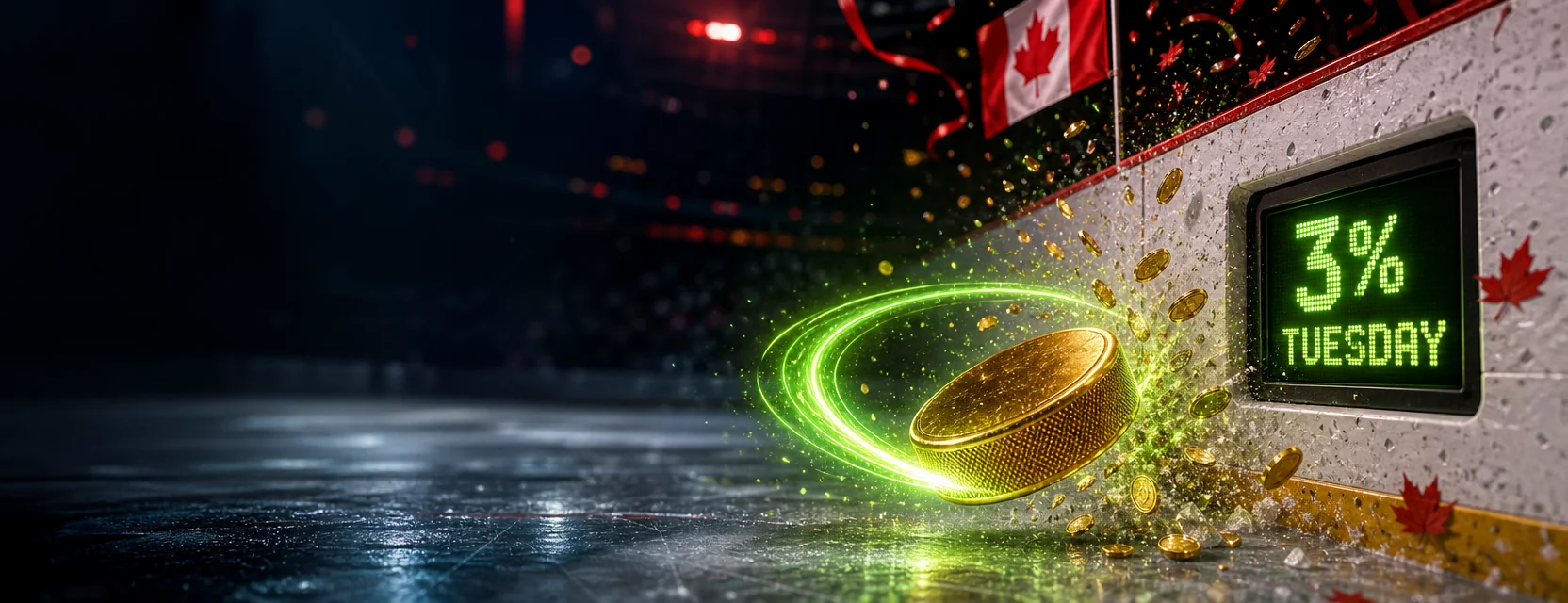 Golden puck rebounding off the rink boards in a loop of green light, beside a board display that reads 3% and TUESDAY