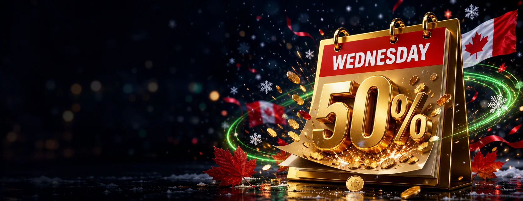 Golden calendar page that reads WEDNESDAY flipping open with a big 50% and gold coins, with snow falling