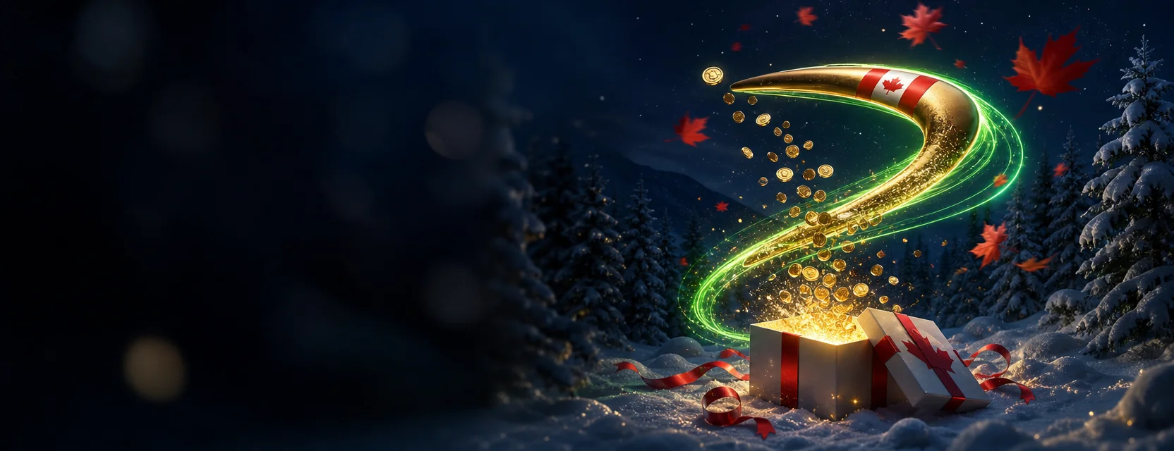 Golden boomerang flying back in a loop over a snowy pine forest at night, trailing gold coins
