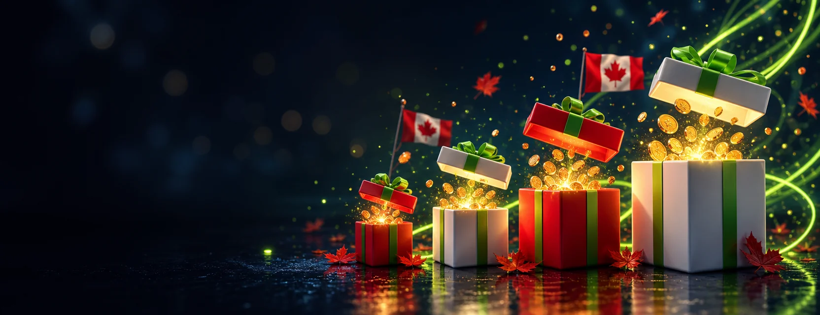 Four glowing gift boxes in red and white stacked like steps, overflowing with gold coins
