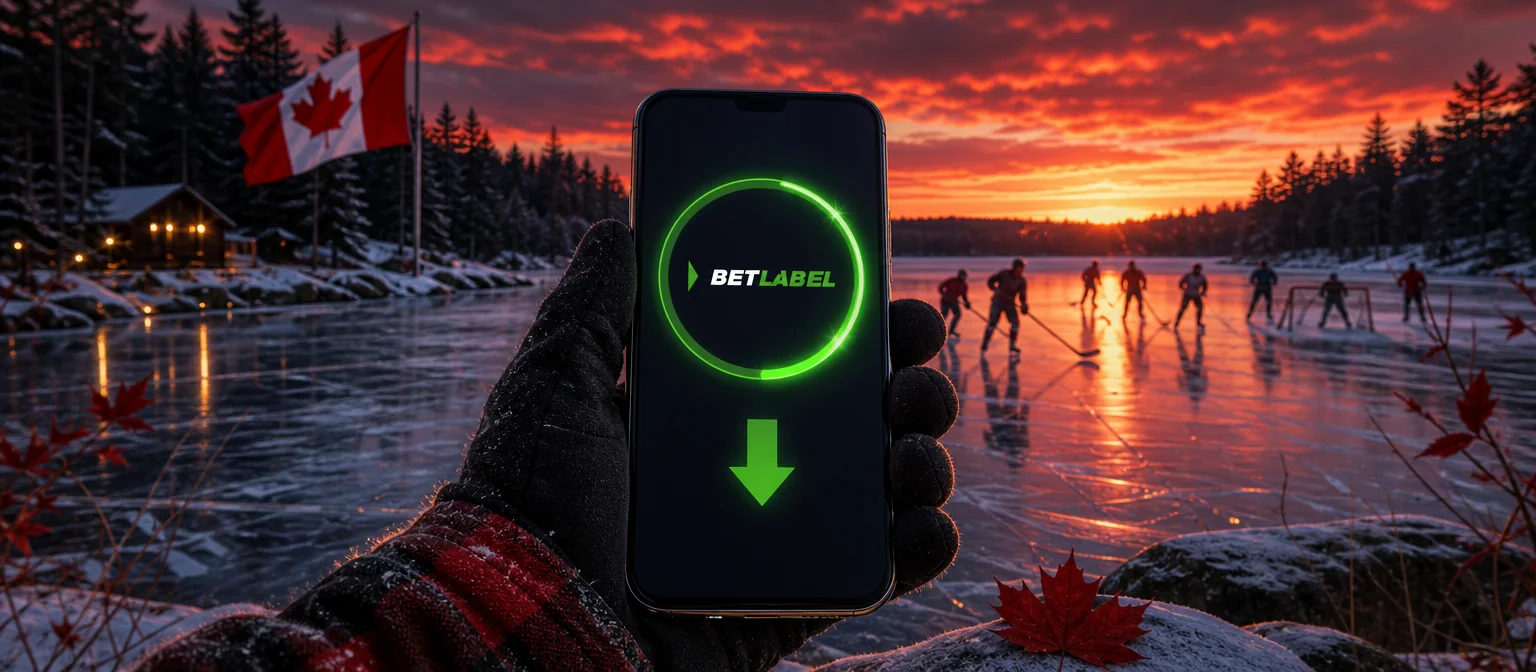 Hand holding a phone with the BetLabel logo inside a green install ring, next to a frozen lake with a pond hockey game at sunset