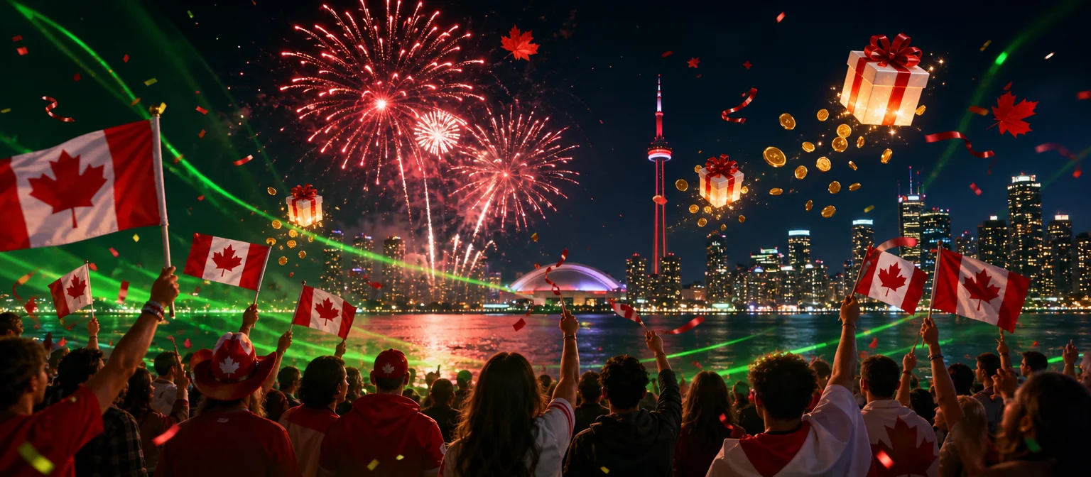 Red and white fireworks over a city waterfront on Canada Day, a crowd from behind waving Canadian flags and floating gift boxes