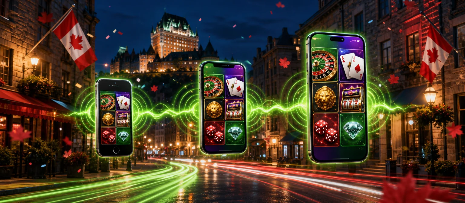 Three phones of different generations floating over a night street with light trails, all showing a colourful casino lobby