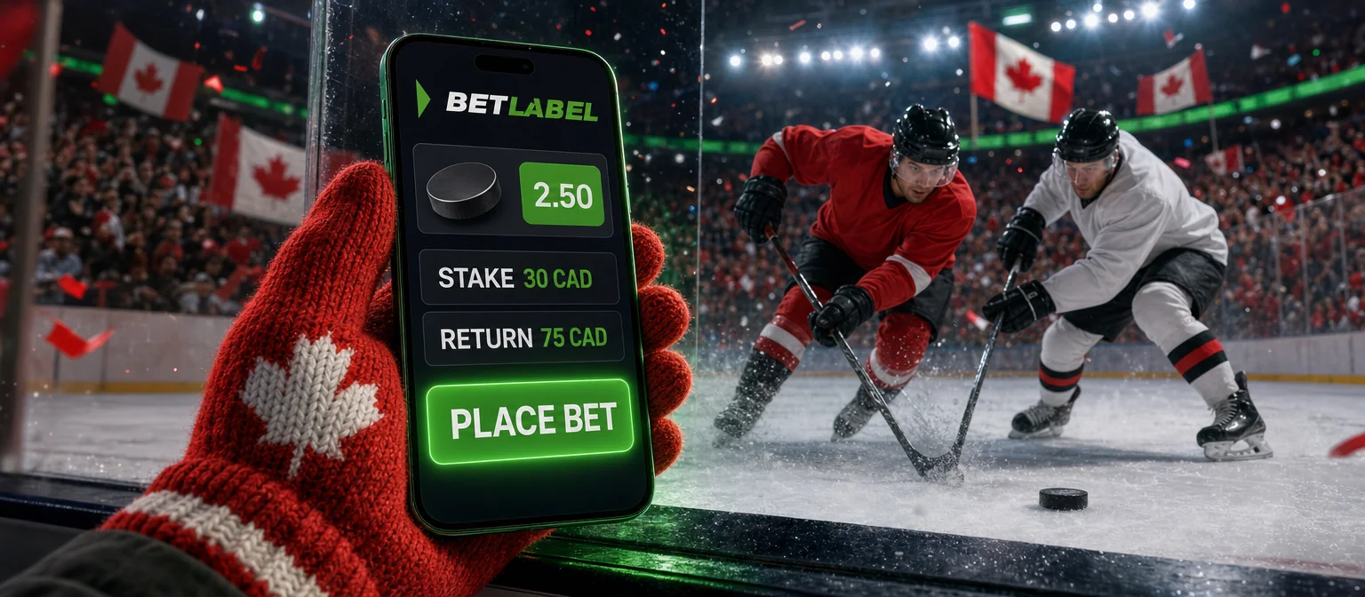 Hand in a red knit mitten holding a phone with a BetLabel bet slip at odds of 2.50, a 30 CAD stake and a PLACE BET button, against the glass of an ice hockey rink