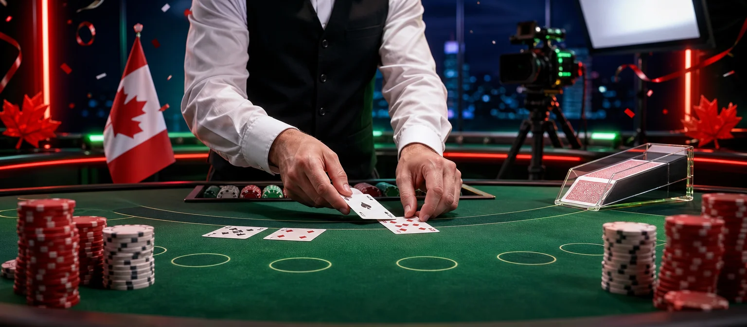 Close-up of a live dealer dealing cards on a green blackjack table in a studio, with a camera and red and white lights