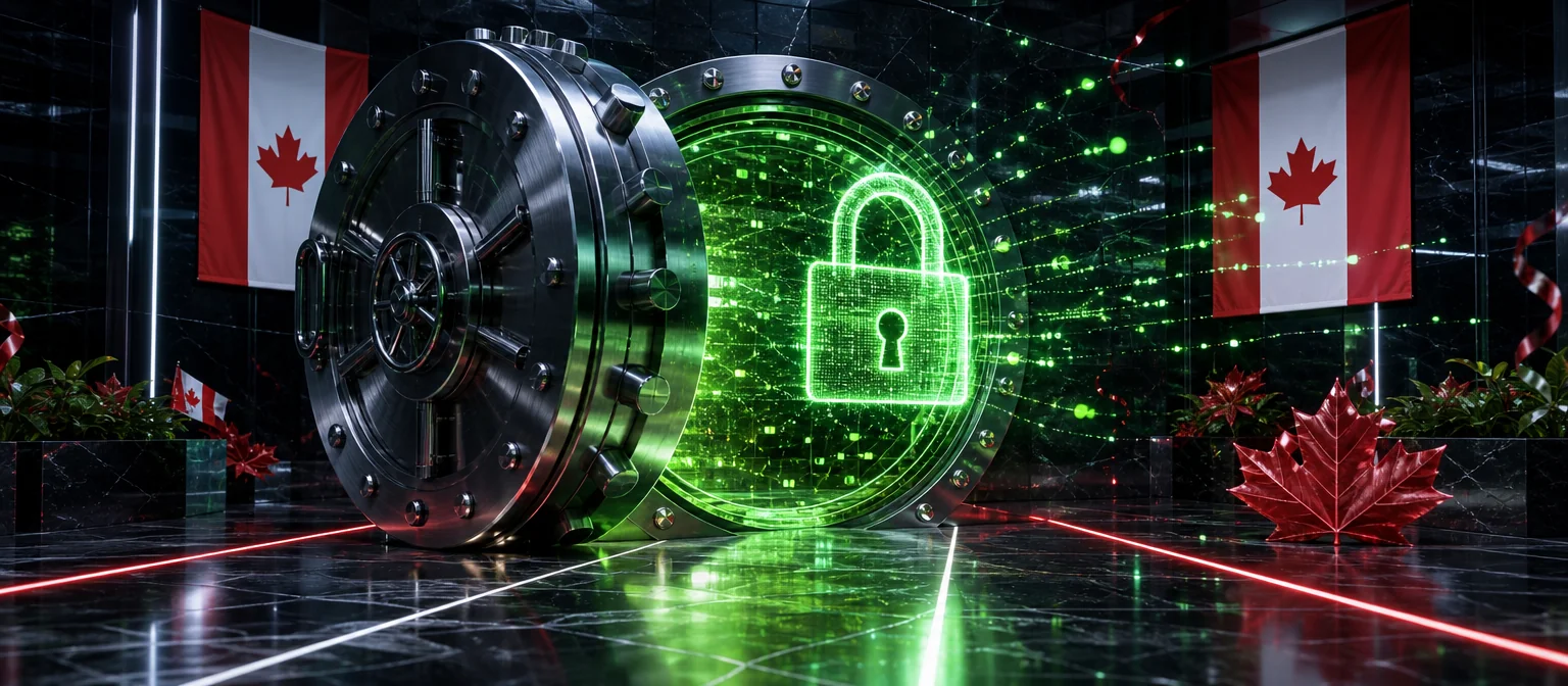 Round steel vault door opening with green light, with a glowing padlock hologram and streams of encrypted code