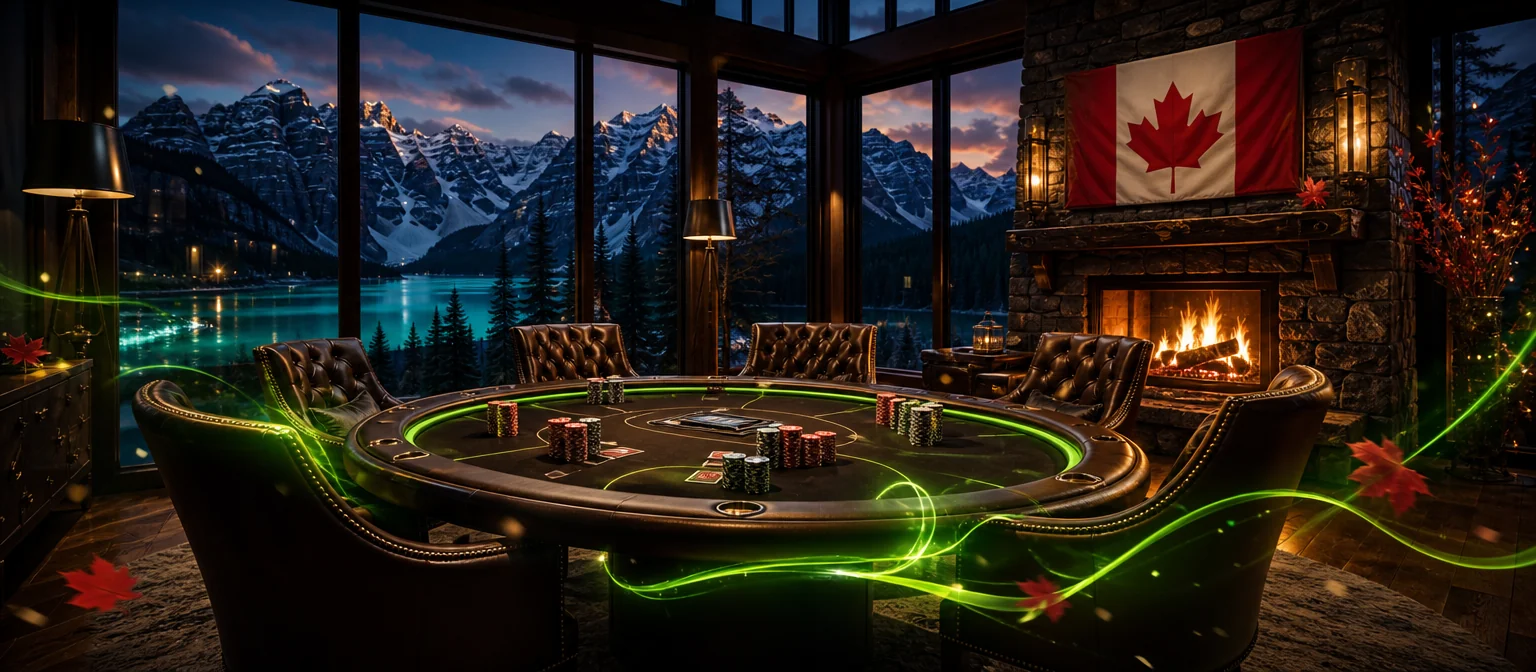 Private VIP lounge in a glass mountain lodge with leather armchairs around a card table, overlooking a turquoise lake and the Rockies at dusk